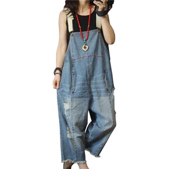 Women Casual Loose Cropped Denim Jumpsuits P49 Blue Jumpsuits